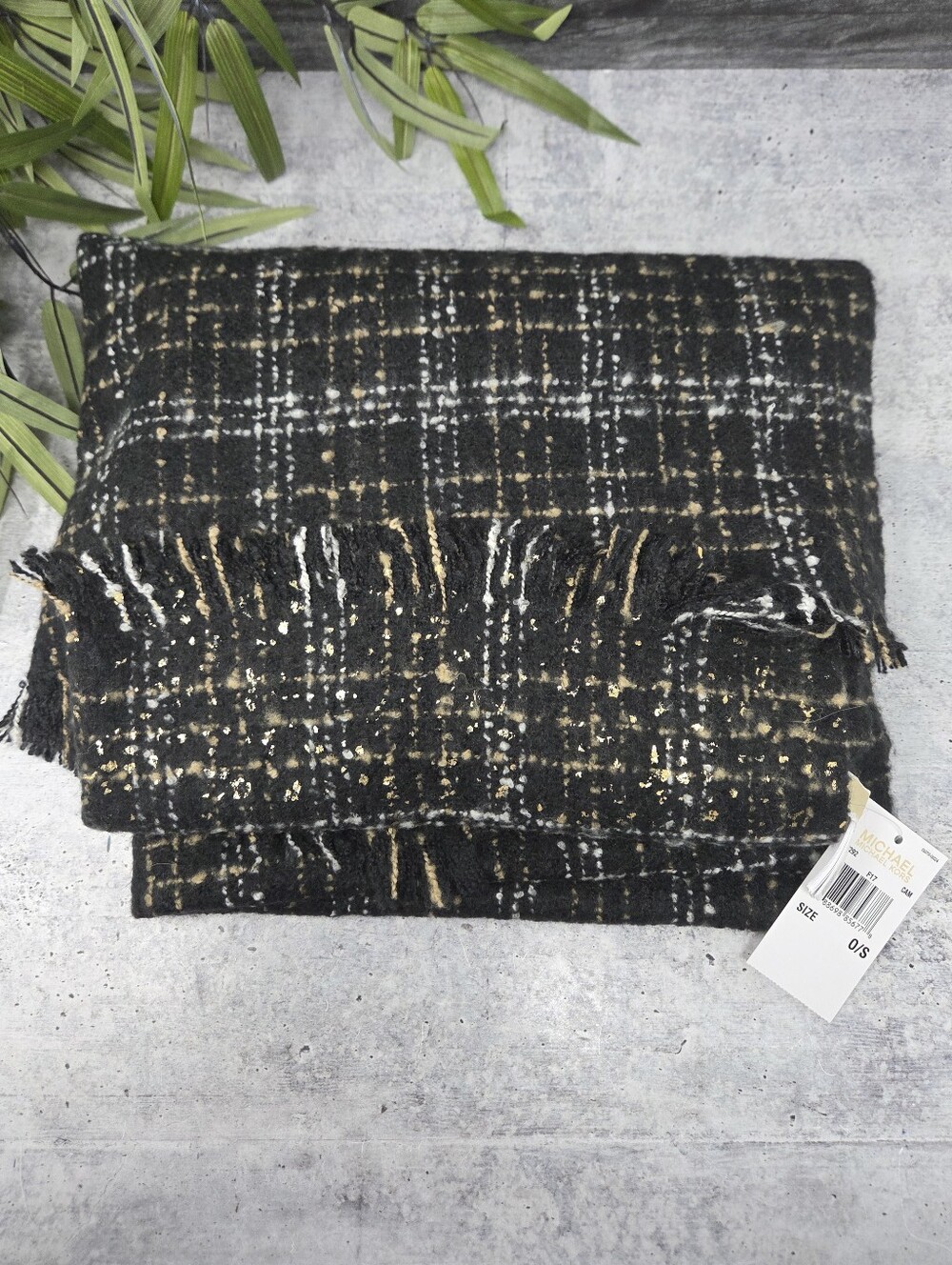 NWT MICHAEL Michael Kors Black Gold Plaid Tweed Scarf with Fringe Neutral Cozy